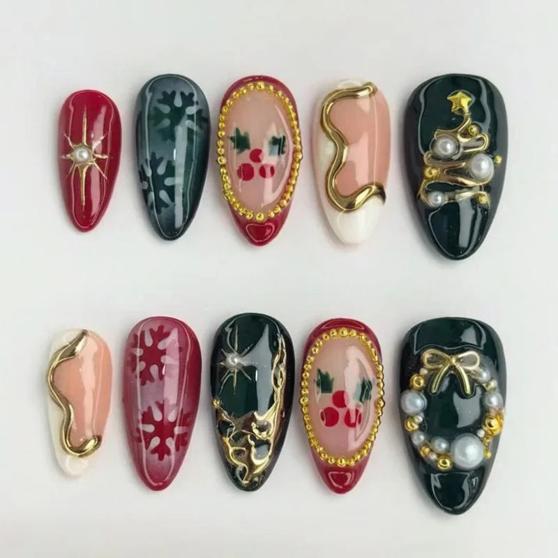 24pcs Round Head Almond False Nails Christmas Glitter Red Full Cover Nail Tips Fashion Snowflake Design Long Press on Fake Nails