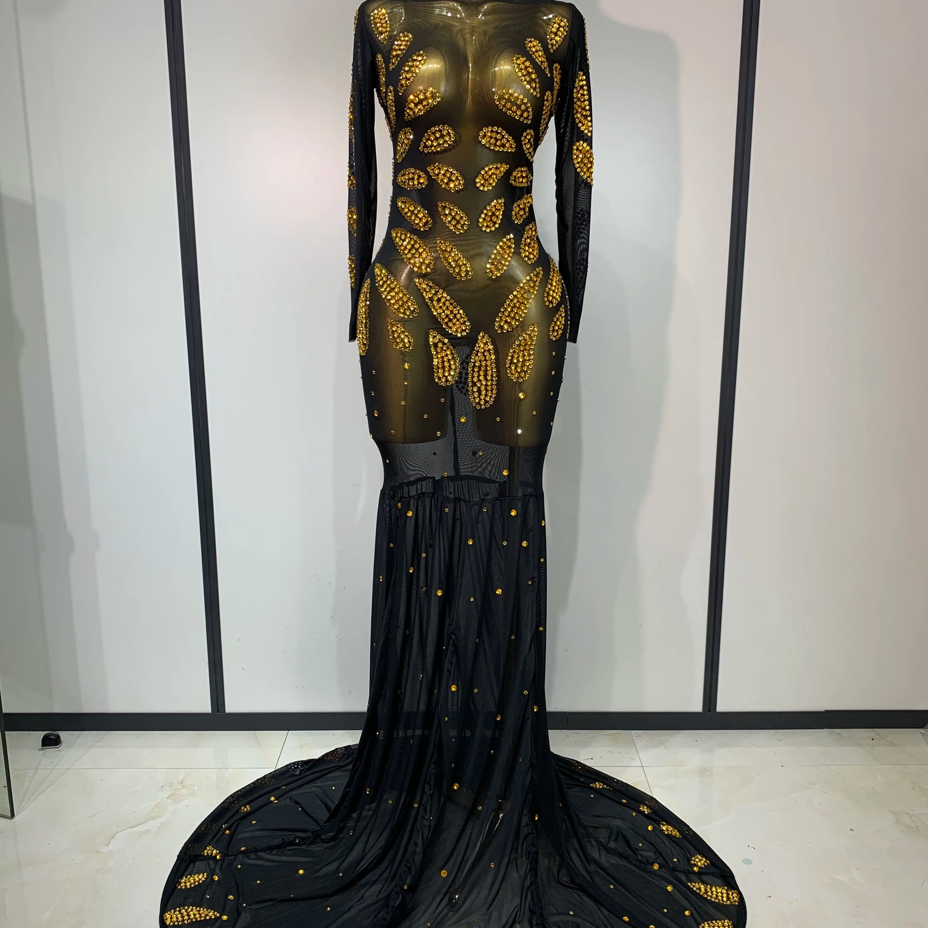 Vestido de palco de alta qualidade para performance sexy de malha transparente maxi vestido longo roupa de boate traje de dança para cantoras vestido de festa elegante