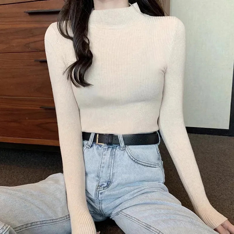 Winter Turtleneck Women's Sweater Knitted Pullover Soft Slim Long Sleeve Top Solid Color Basic High Neck Jumper Woman Clothing B-half neck-white One Size(40-65kg)