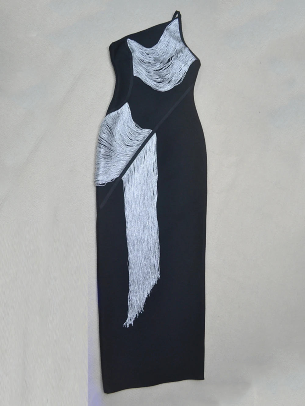 Women Sexy One shoulder Tassels Black Maxi Bodycon Bandage Dress 2025 Summer Elegant Cocktail Evening Club Party Gowns