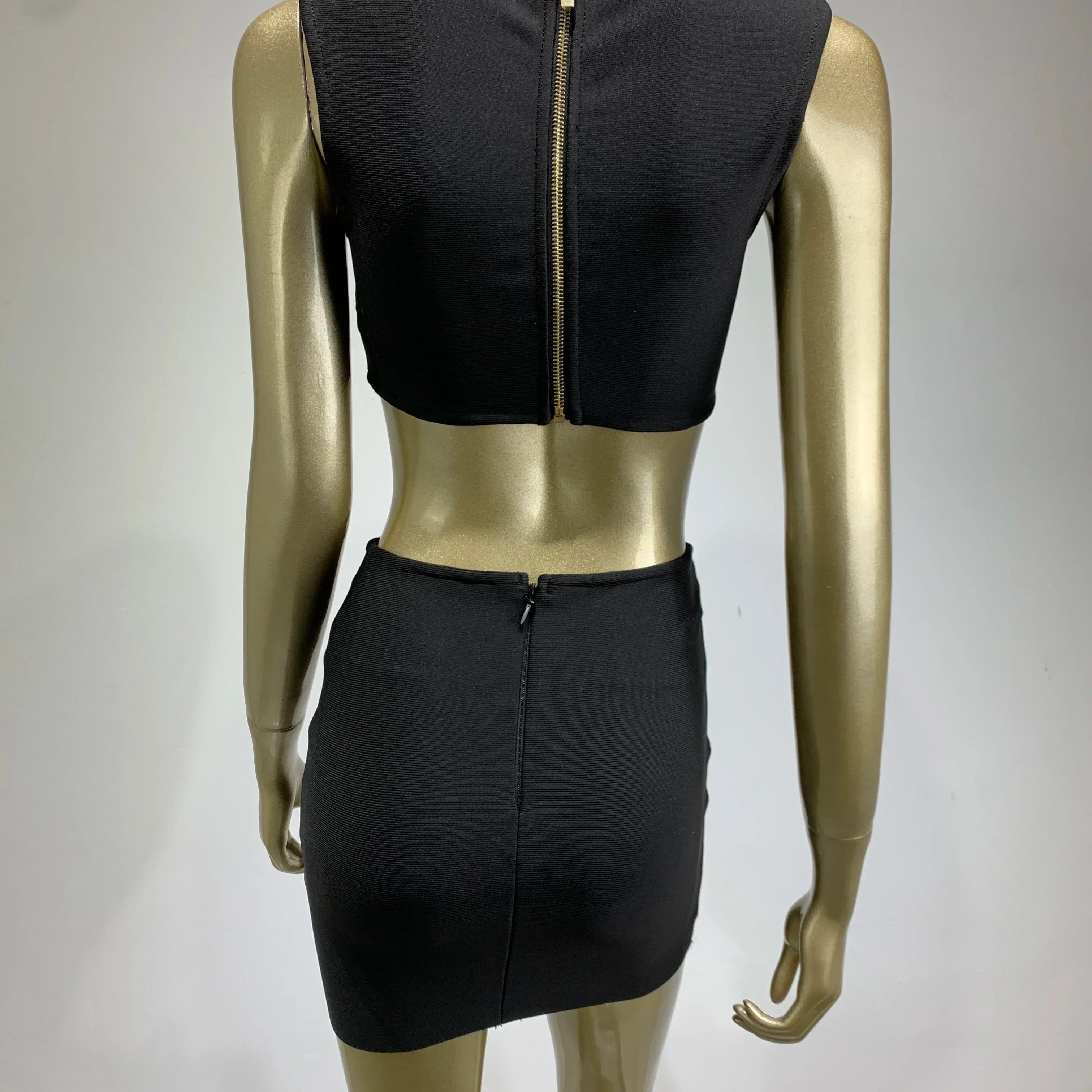 Conjunto de mini saia bandagem preta, sexy, sem mangas, diamantes, malha, elegante, vestido de festa para clube noturno