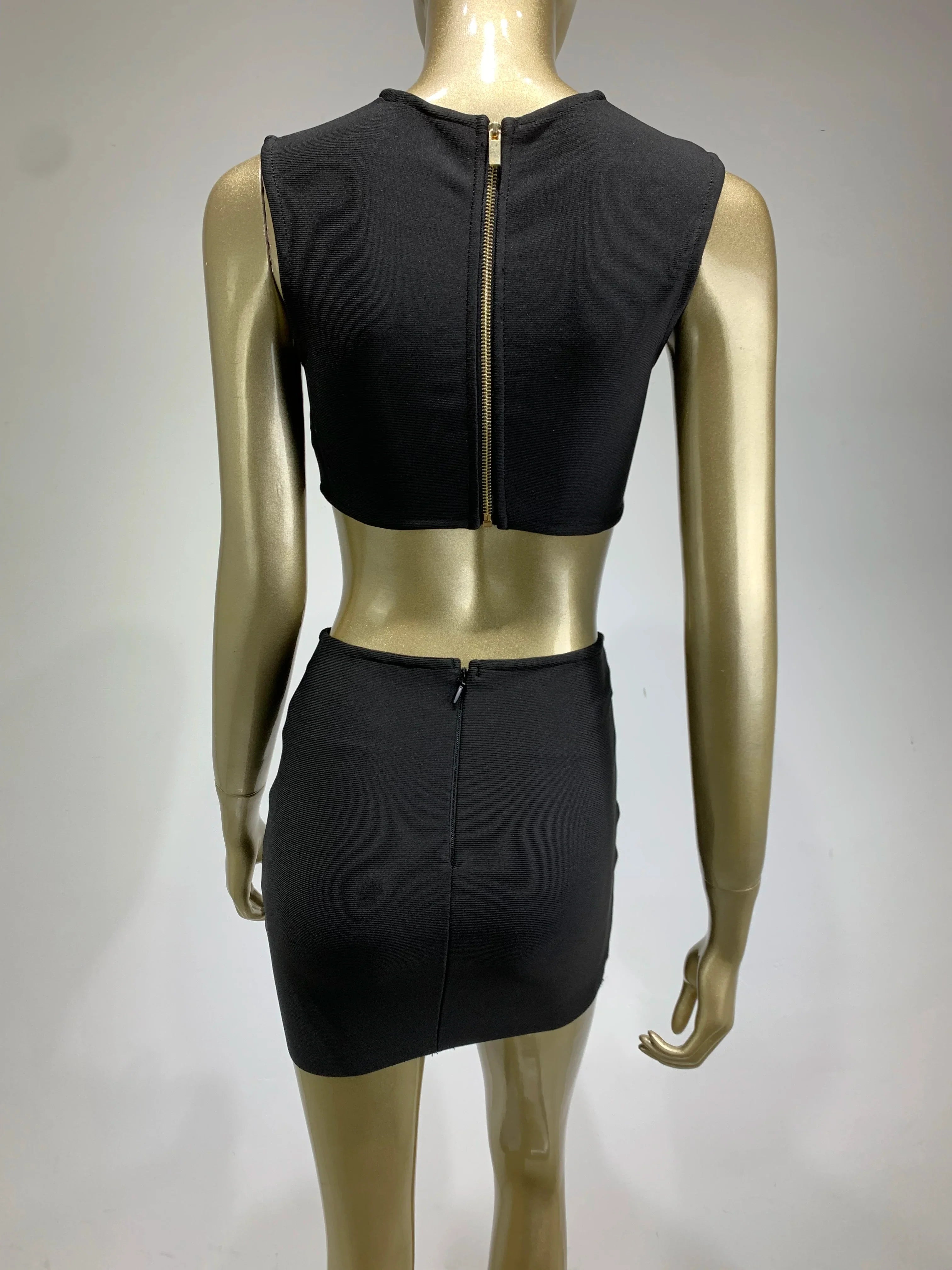 Conjunto de mini saia bandagem preta, sexy, sem mangas, diamantes, malha, elegante, vestido de festa para clube noturno