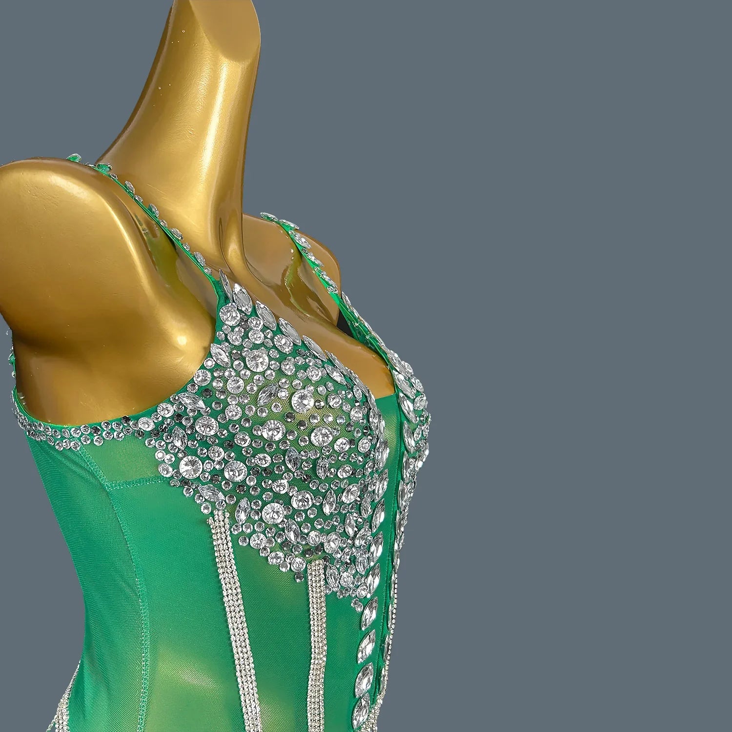 Women Green Crystal Chain Diamonds Dress Elastic Sexy Mini Night Club Performance Costume Birthday Party Dress Tassel Liehu