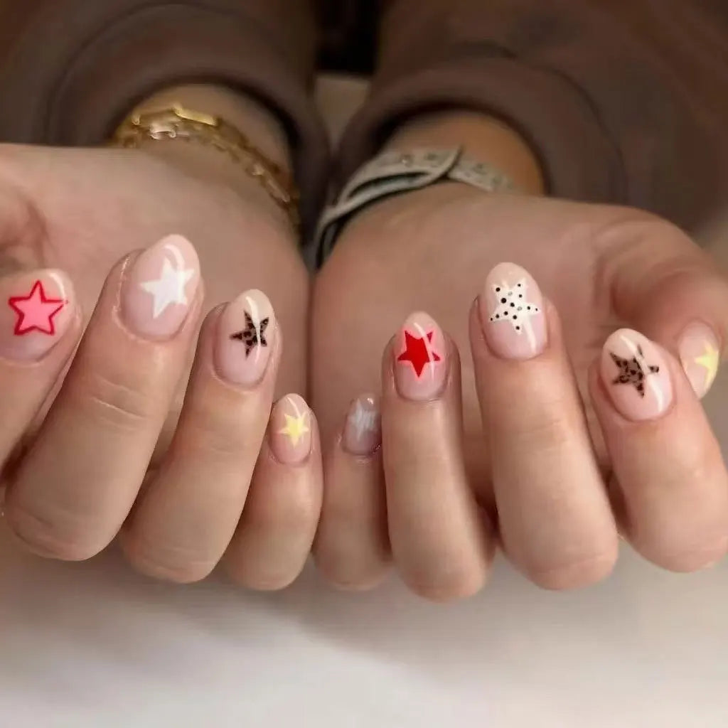 24Pcs Short Round Head False Nails Leopard Print French Star Pearl Press on Fake Nails Reusable Artificial Full Cover Nails Tips