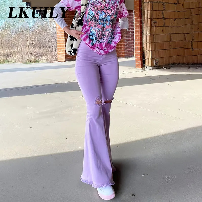 90S Y2k Flared Jeans Women High Waist Fashion Streetwear Purple Stretch Baggy Mom Jeans Wide Leg Pants Ripped Denim Trousers