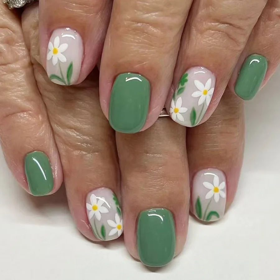 24Pcs Colorful French Press on Fake Nails with Glue Short Square Nail Art Tips Flower Design Wearable Full Cover False Nails