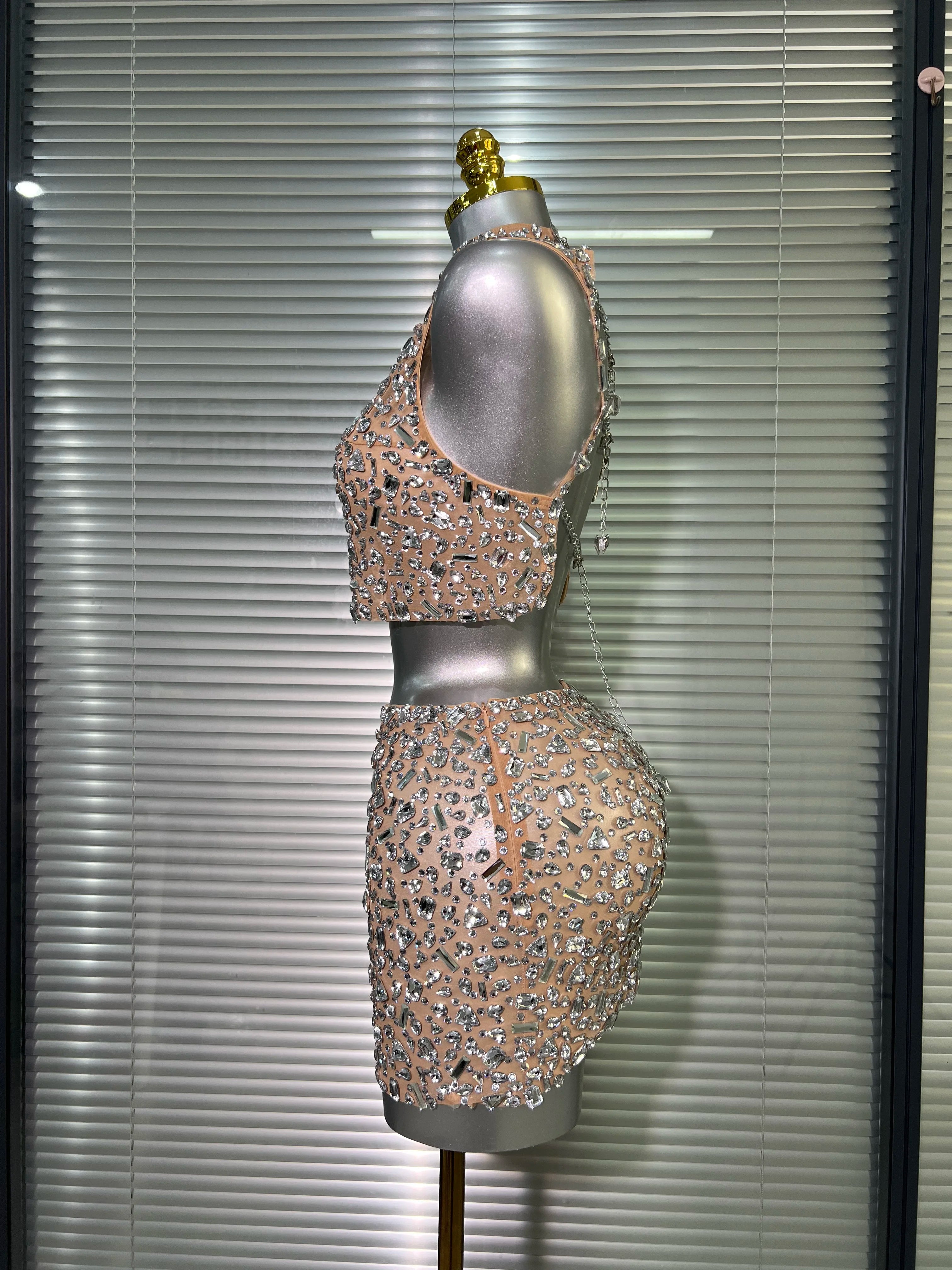 Women Sexy Two Pieces Set Women Skin Crystal Diamond Night Club Skirt Suits Singer Dancer See Through Stage Performance Costume