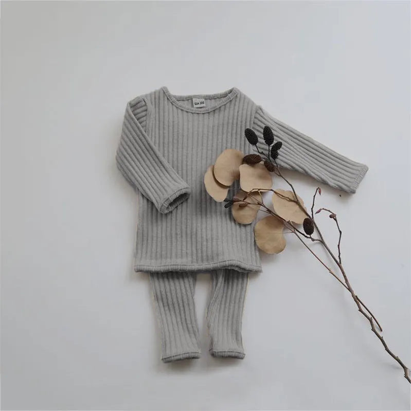Winter Toddler Baby Clothes Sets Girls Boys Knit Sweater Tops+ Leggings Pants Children Pajamas Kids Thermal Underwear For 0-5Y gray