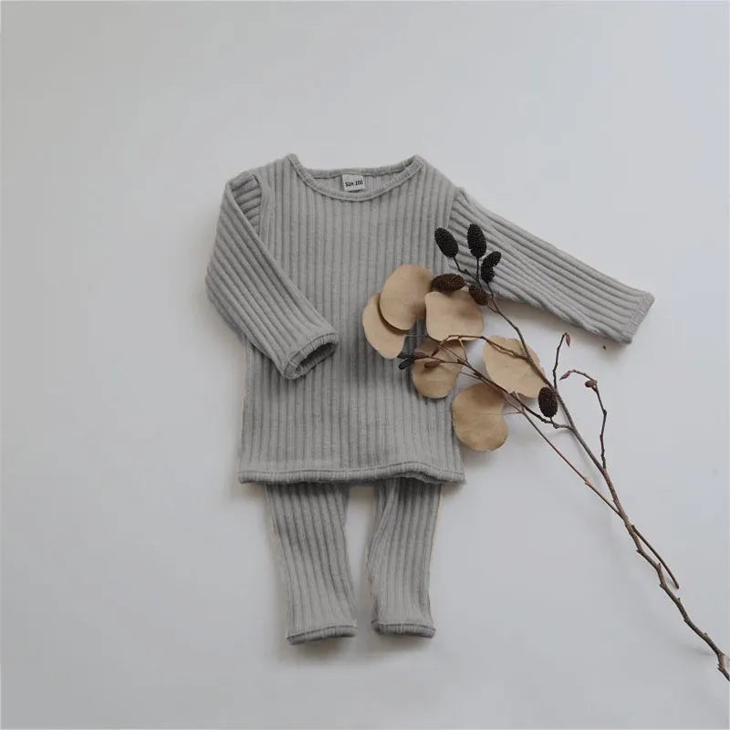 Winter Toddler Baby Clothes Sets Girls Boys Knit Sweater Tops+ Leggings Pants Children Pajamas Kids Thermal Underwear For 0-5Y gray