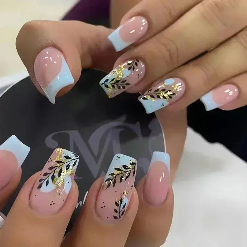 24Pcs Fashion Fake Nails Press on Short Square Head False Nail Art Black Starlit Sky Design Artifical Full Cover Nail Tips