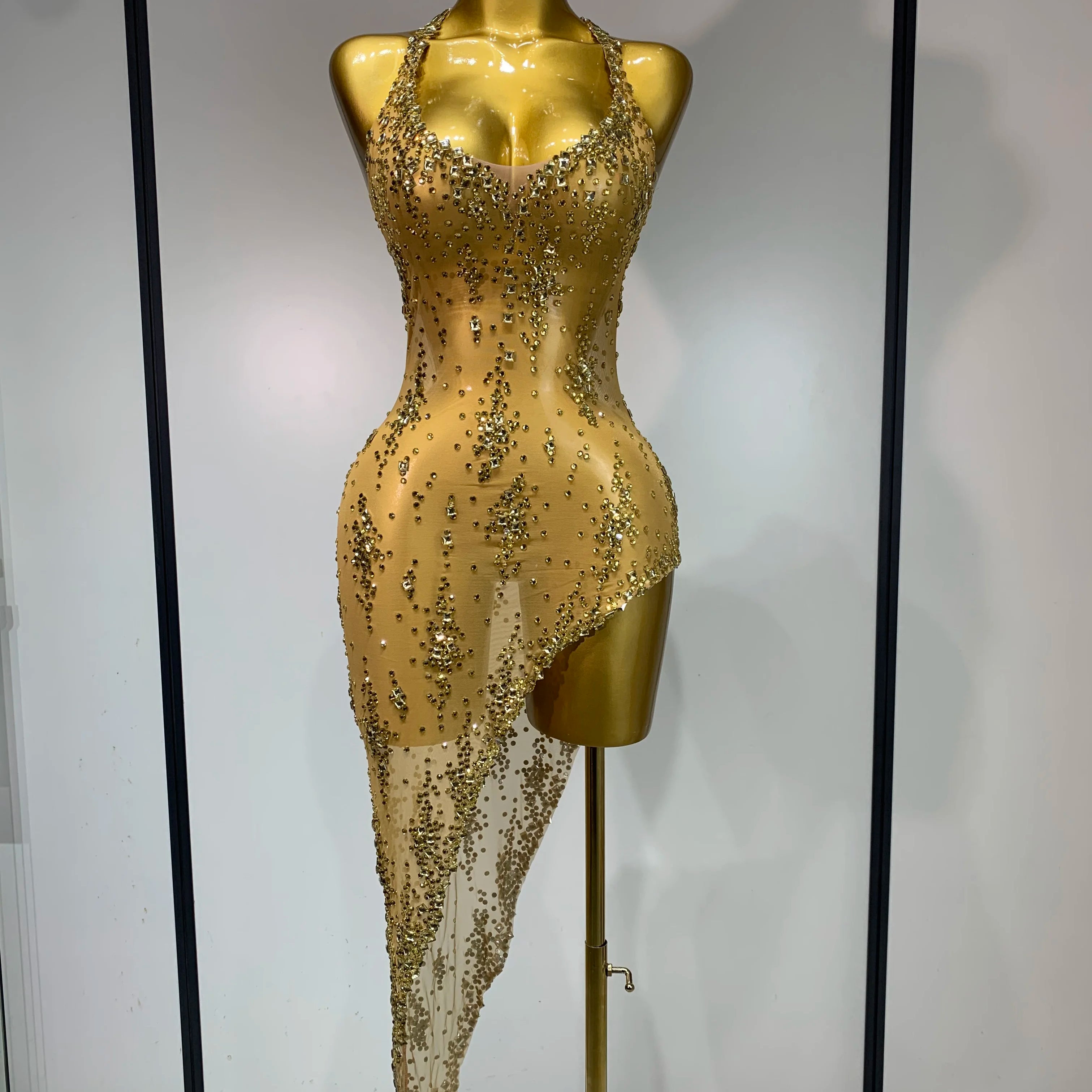 Women Sexy Luxury Birthday Prom Gowns Sparkly Diamond See Through Mesh Stretch Asymmetrical Dress Celebrity Elegant Stage Outfit