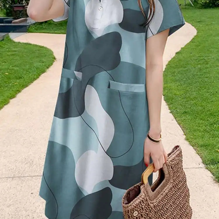 Casual Floral Print Dresses Women Holiday Short Sleeve Vestidos Oversize Shirt Robe Elegant Summer Mini Sundress Lake Blue