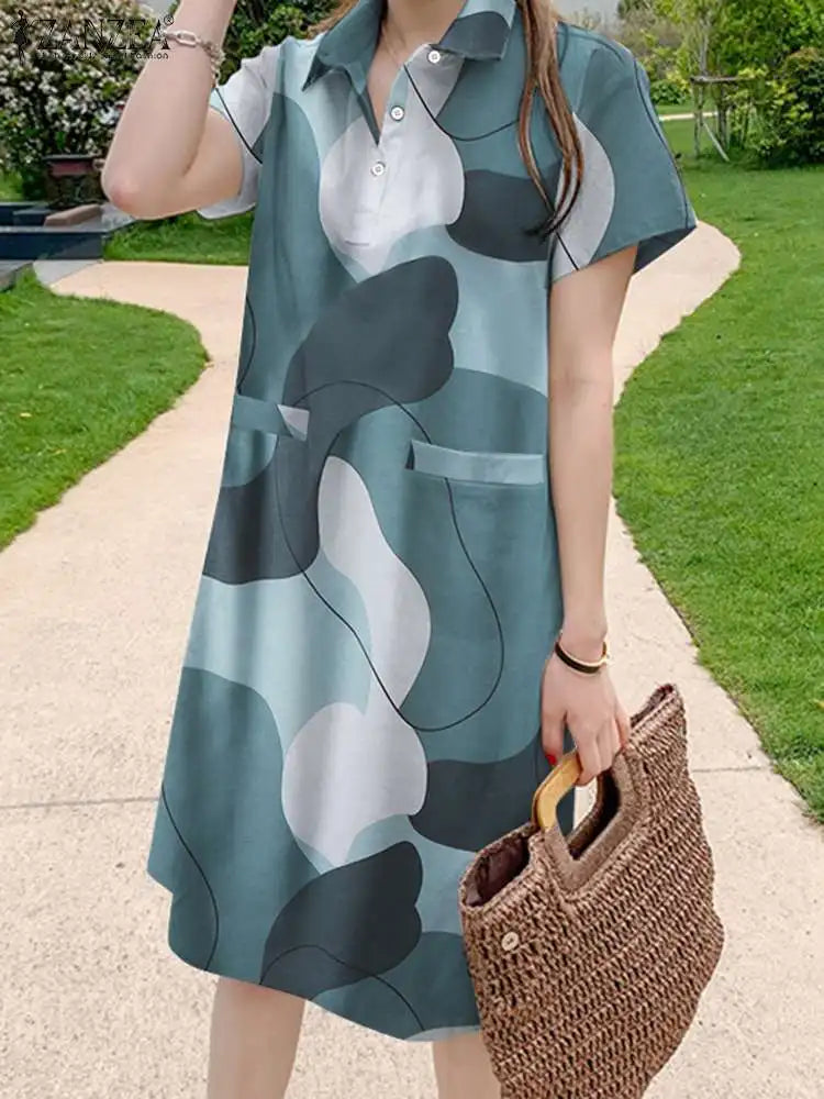 Casual Floral Print Dresses Women Holiday Short Sleeve Vestidos Oversize Shirt Robe Elegant Summer Mini Sundress Lake Blue