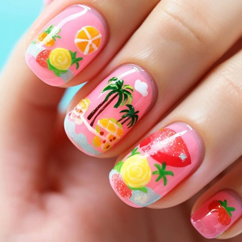 Lot de 24 faux ongles mignons en forme de dessin animé, imprimés à l'huile, motif amande, pour fille épicée