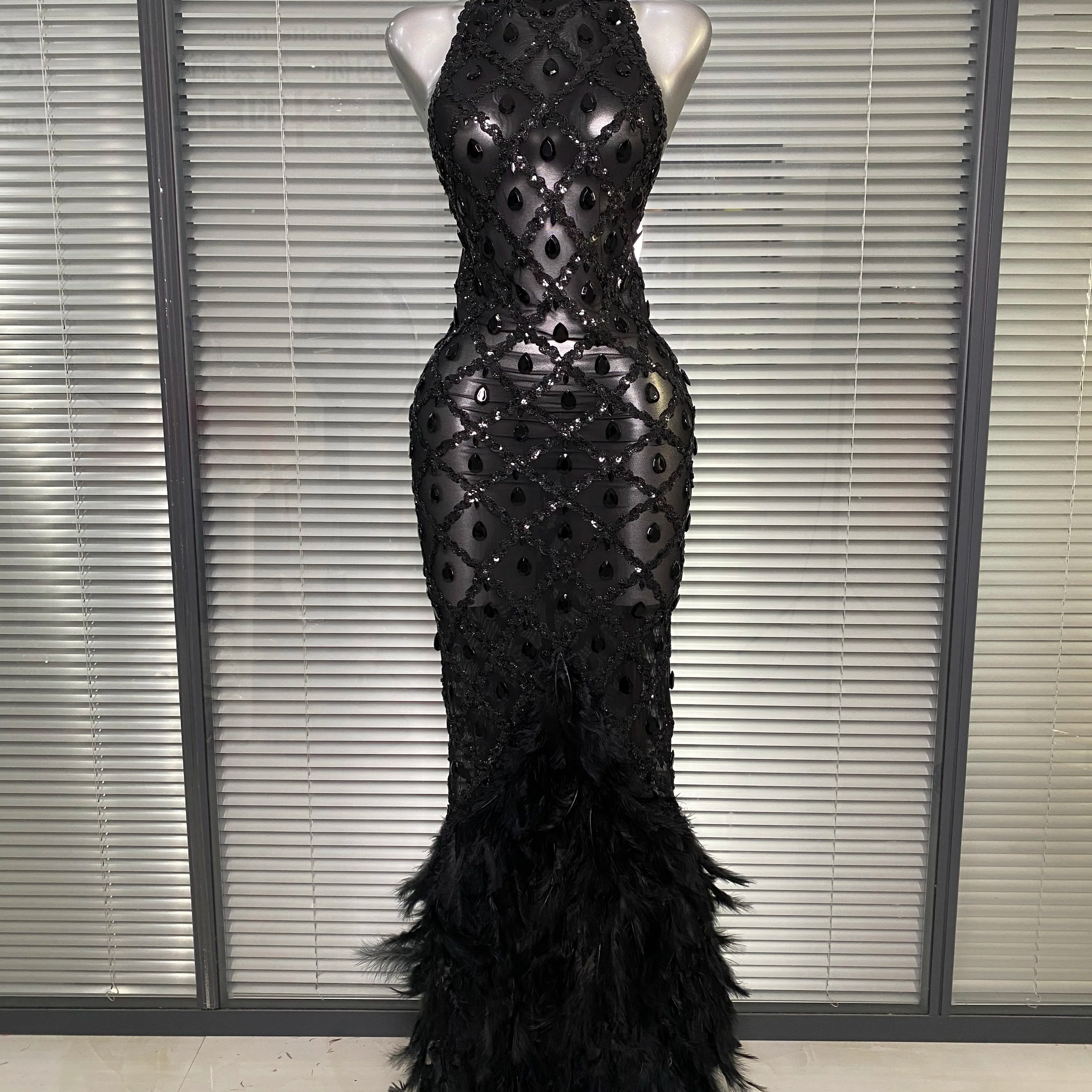 New Women Sexy Black Red Crystal Diamonds Maxi Dress Birthday Party Costume Elegant Singer Stage Performance Dress