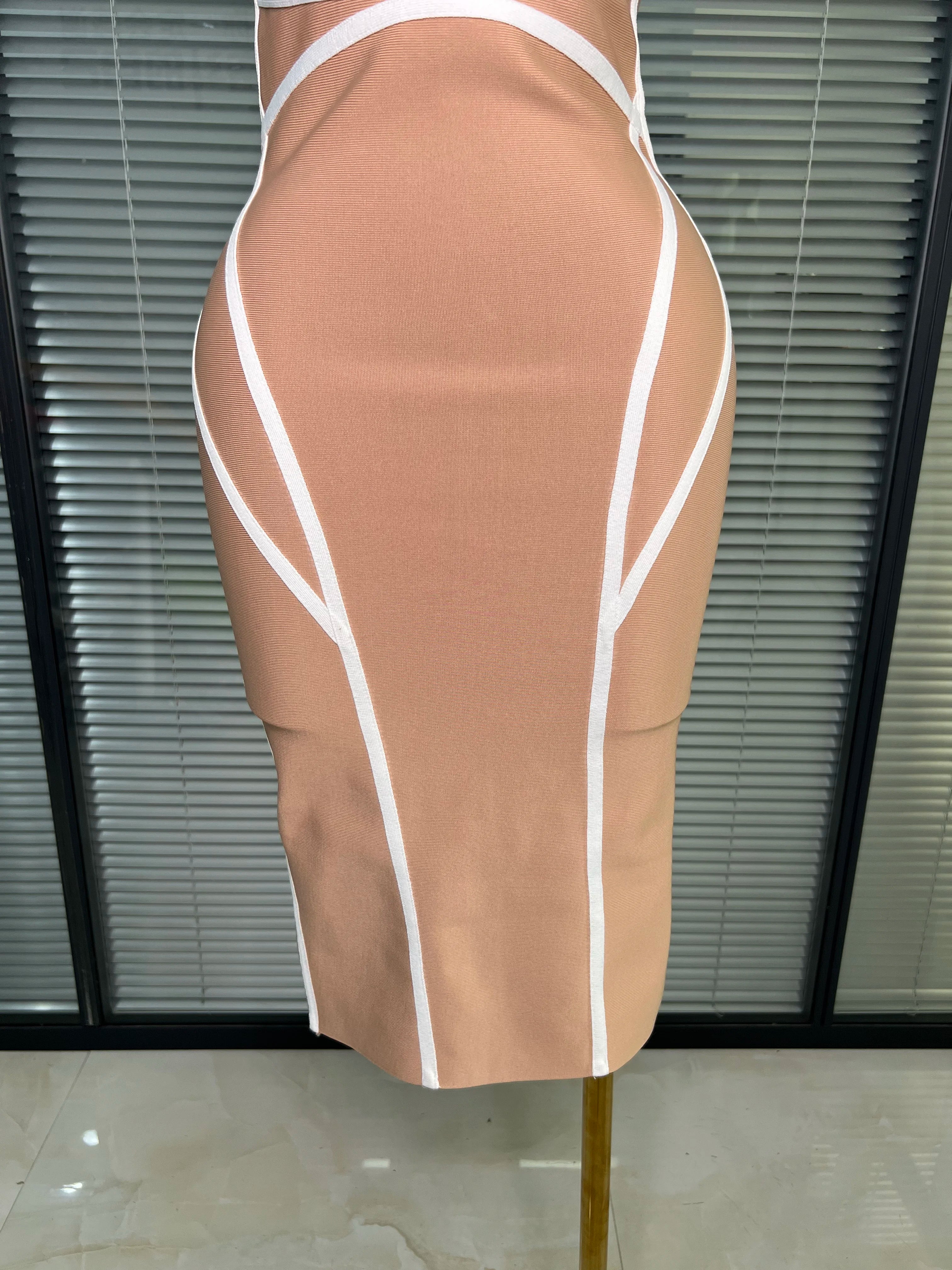 Summer New 2025 Women Sexy Beige Patchwork Midi Bodycon Bandage Dress Knitted Evening Party Dress Vestido