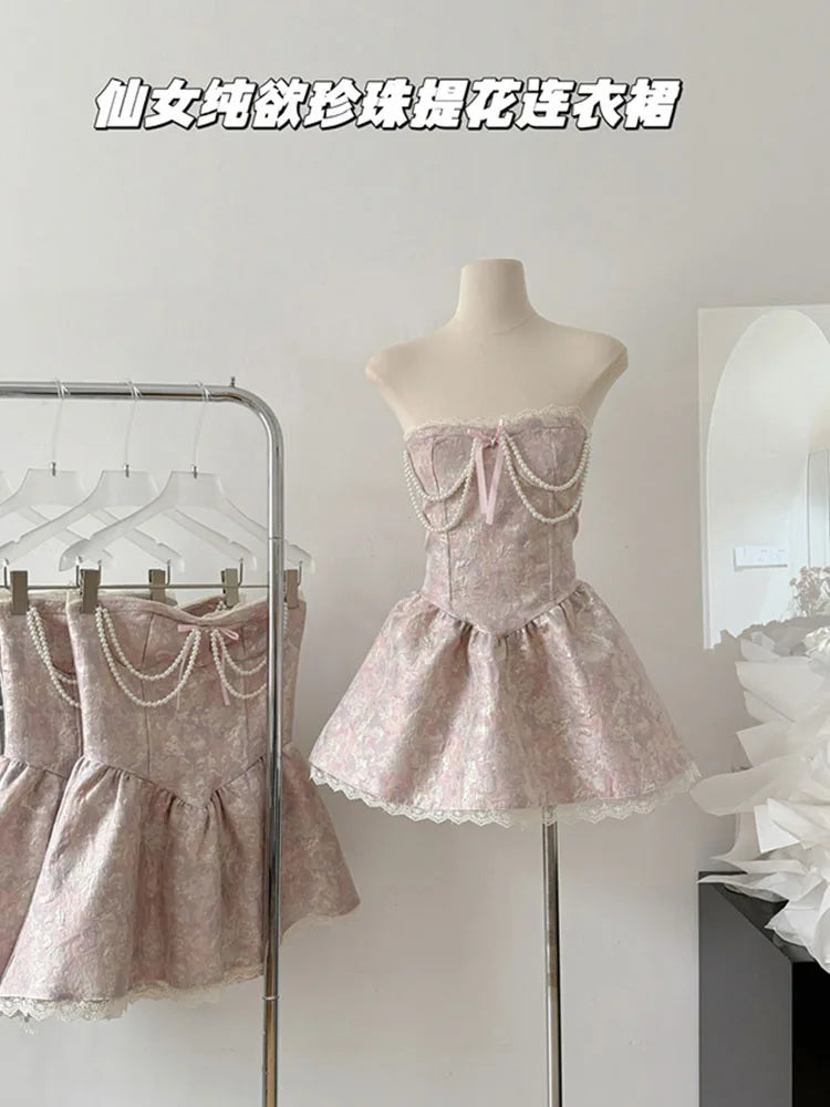 French Elegance Lolita Dress Fashion Sweet Luxury Prom Gown Pearl Chain Party Prom Sleeveless Robe 2000s Aesthetic New Design