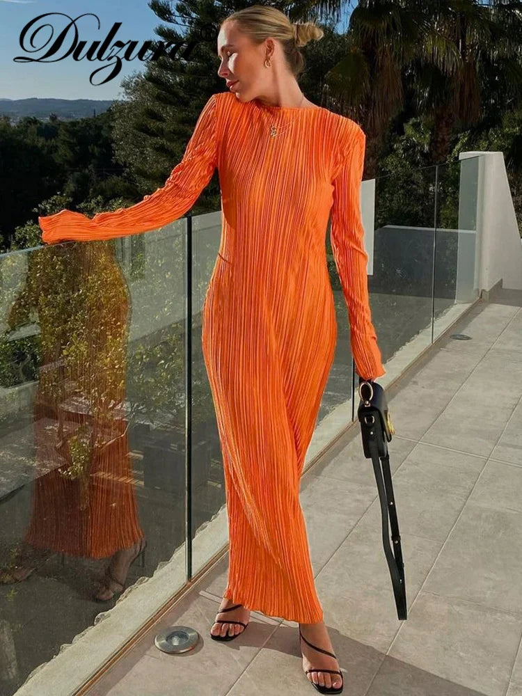 Autumn Striped Ruched Ruffle Sexy Y2K Clothes Long Sleeve Bodycon Midi Dresses For Women Club Party Elegant Outfit