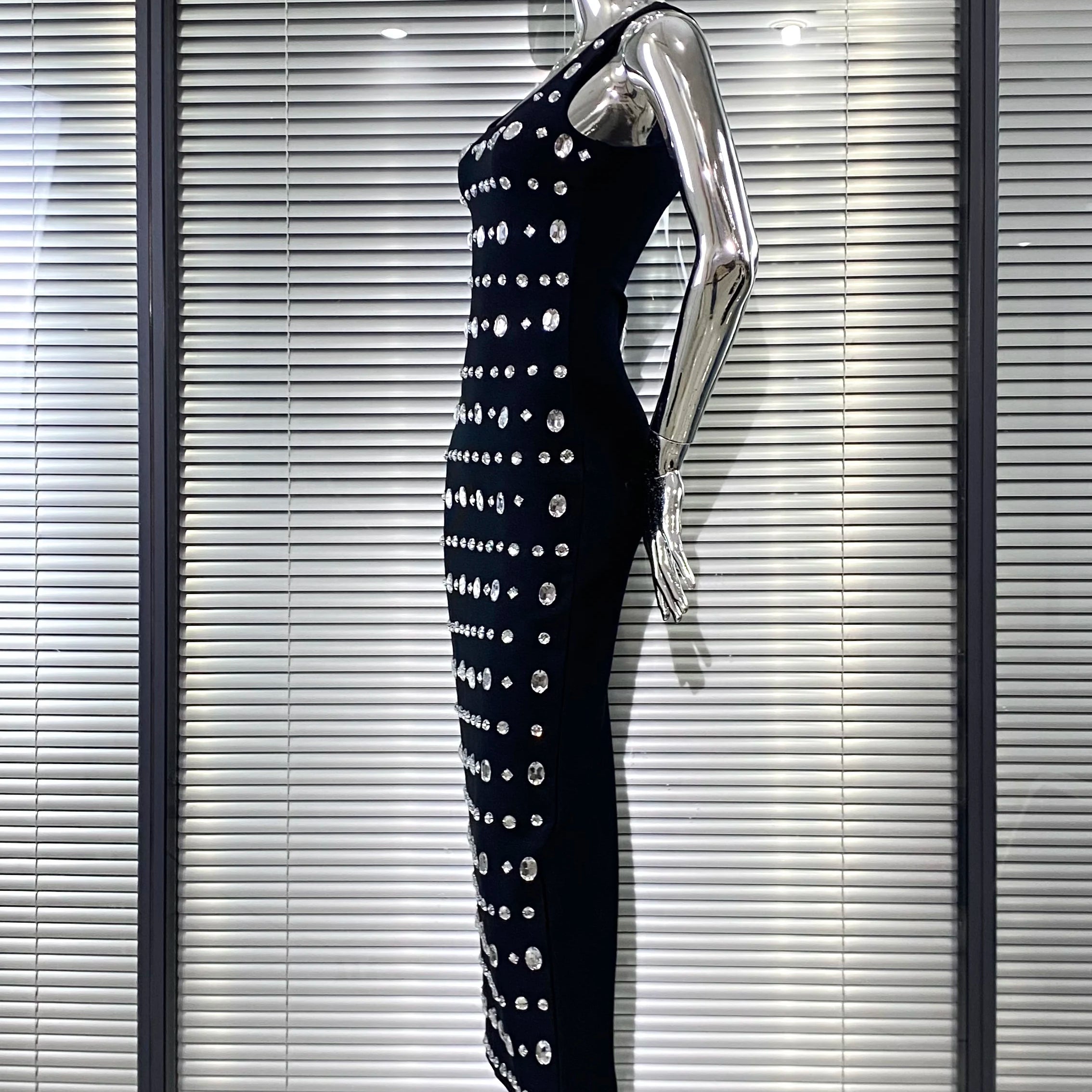 Sparkling Diamonds Sleeveless Package Black Bandage Ankle Length Dress Woman evening Party Dress Celebrity Birthday Party Outfit