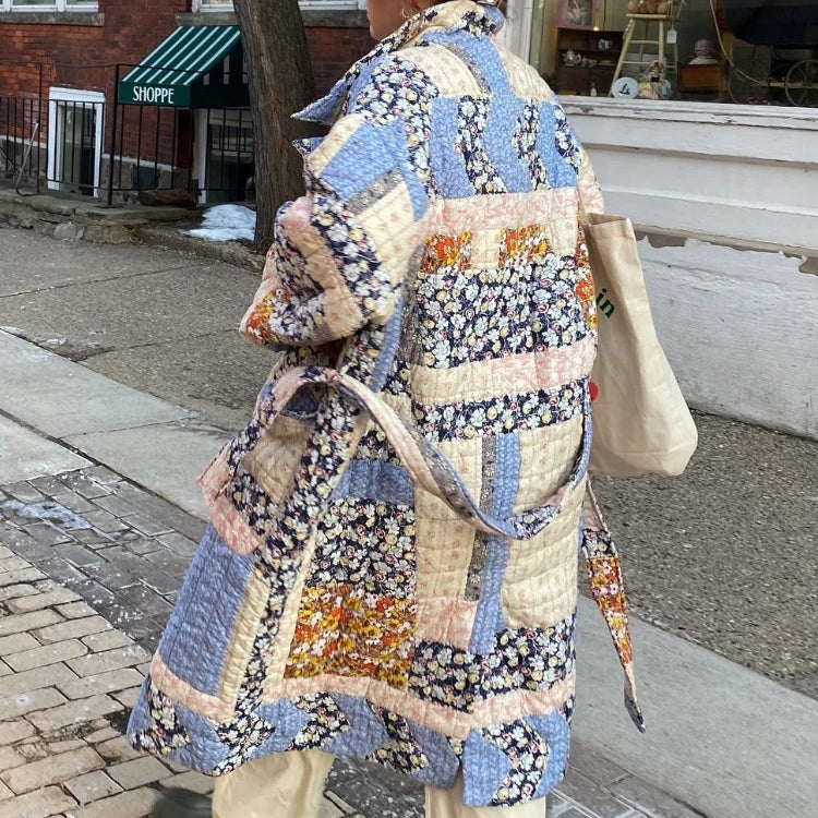 ZBZA Women's Fall Winter New Belted Long Quilted Print Jacket Coat Lapel Long Sleeve Single Breasted Long Padded Warm Outerwear