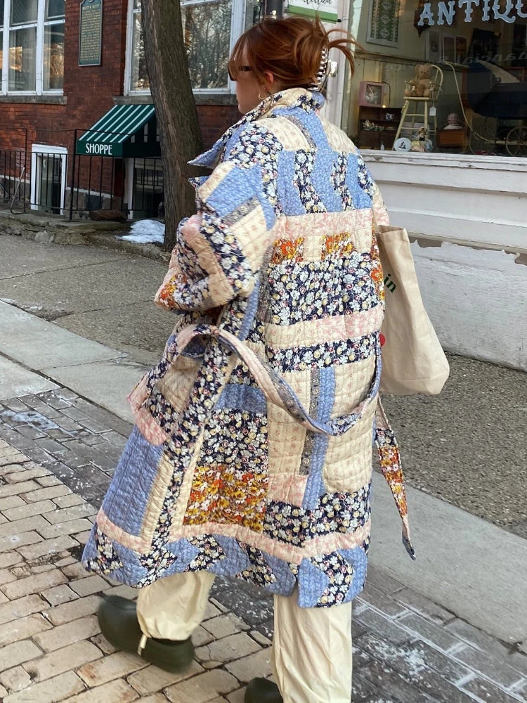 ZBZA Women's Fall Winter New Belted Long Quilted Print Jacket Coat Lapel Long Sleeve Single Breasted Long Padded Warm Outerwear