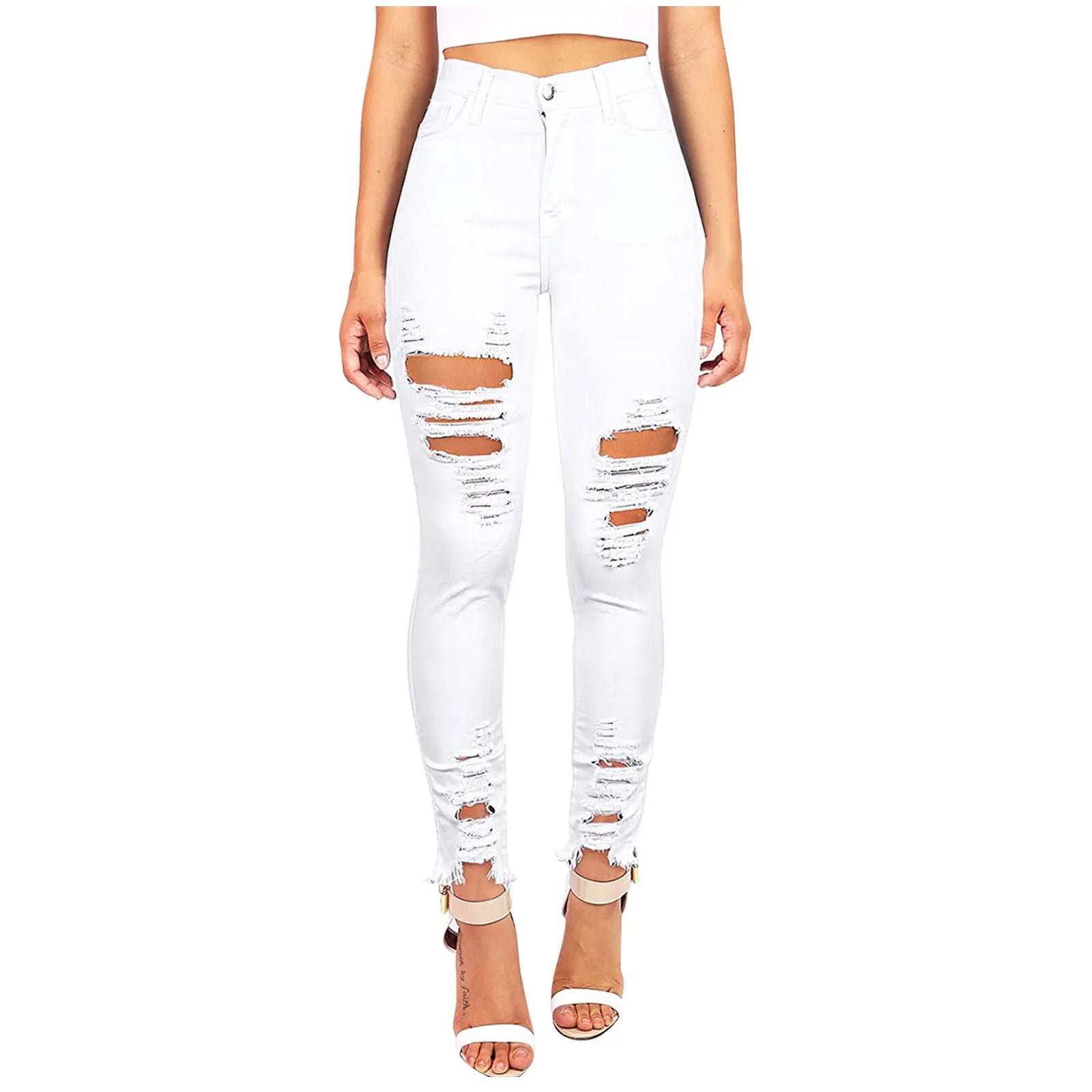 Women's Denim Pants Solid Button High Waisted Wide Leg Jeans Stretchy Distressed Denim Pants WHITE