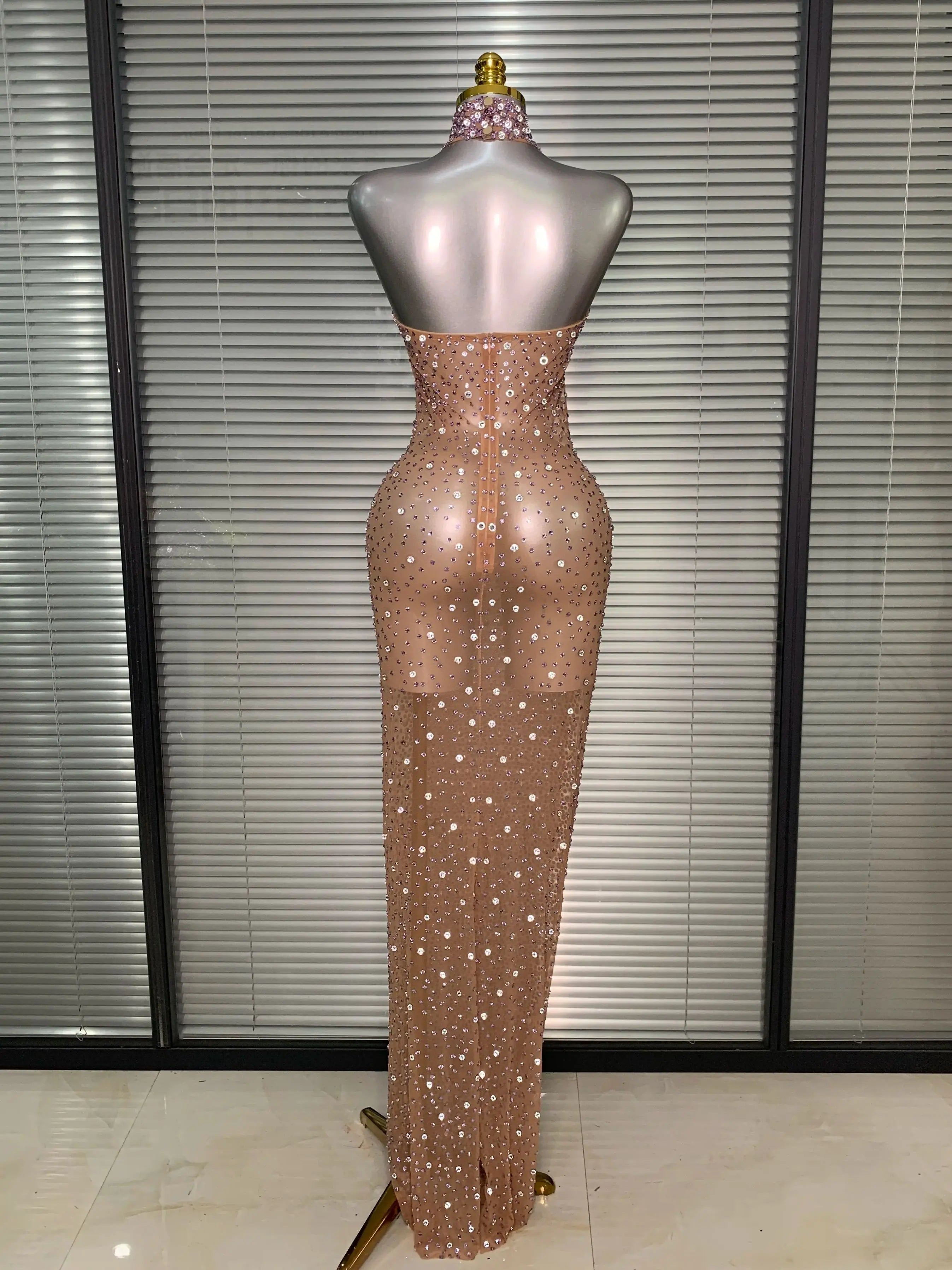 Women Sexy Mesh Crystal Diamonds Shinning Maxi Dress See Through Sheer Party Singer Stage Performance Costume
