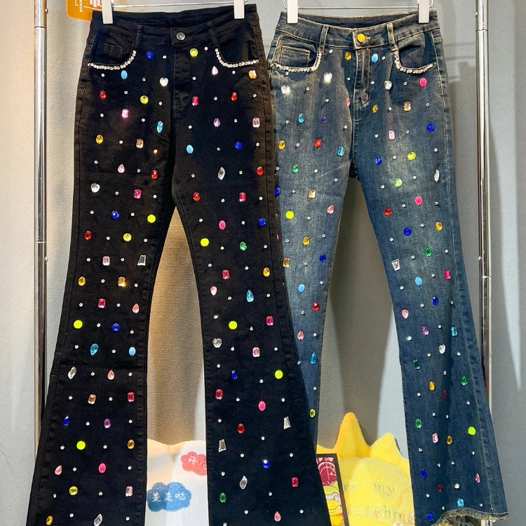 Niche Design Exquisite Rhinestone Beaded Bell-Bottom Denim Pants Women's Autumn and Winter Slimming Skinny Jeans High Waist
