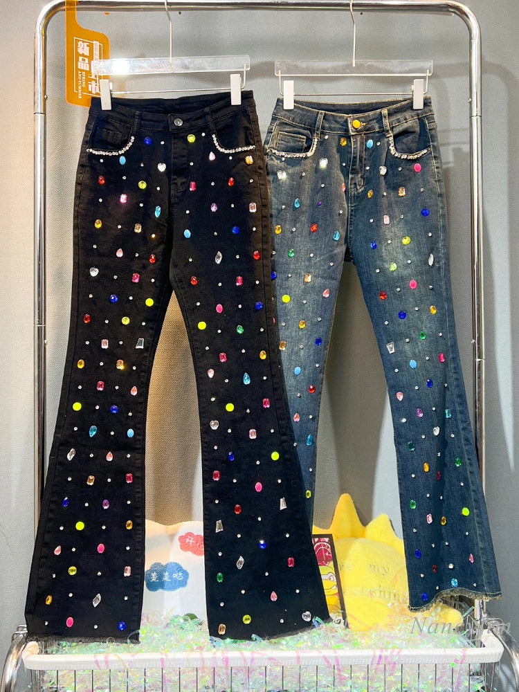 Niche Design Exquisite Rhinestone Beaded Bell-Bottom Denim Pants Women's Autumn and Winter Slimming Skinny Jeans High Waist