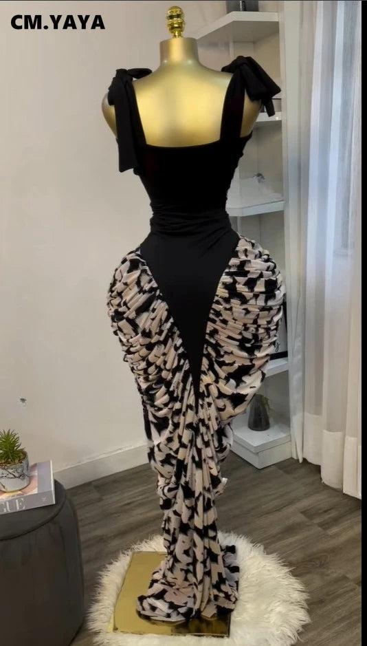 CM.YAYA Women Print Patchwork Stacked Ruched Long Sleeve Bodycon Midi Maxi Long Dress 2025 Birthday Vacation Sexy Party Dresses