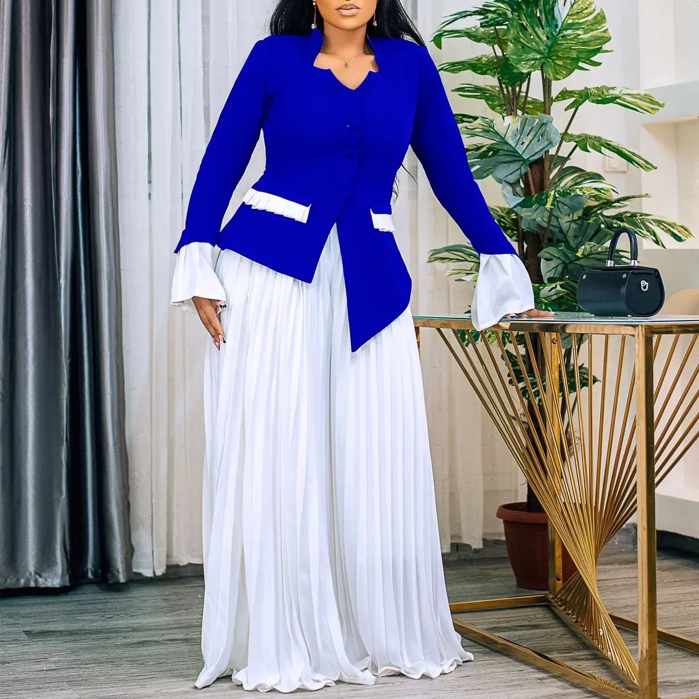 CM.YAYA Women's Set Full Flare Sleeve Button Blazer Shirt + Pleated Long Pants Suit Streetwear Two 2 Piece Set Africa OL Outfits Blue