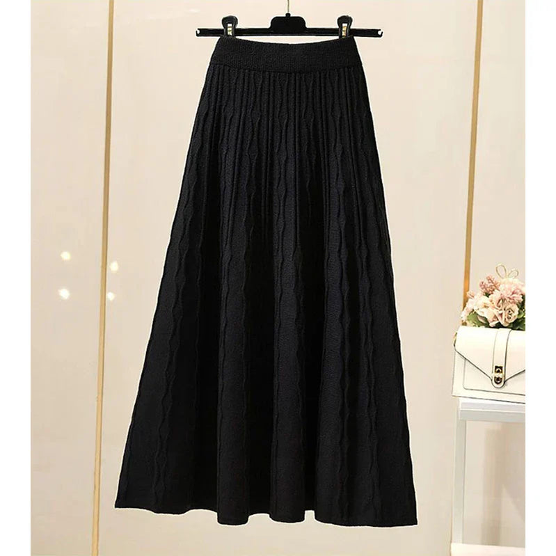 MEXZT Vintage Knitted Midi Skirts Women Black High Waist Sweater Skirt Winter Ladies Korean Slim All Match Chic A Line Faldas black