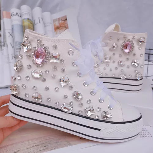 Crystal Hand-made Diamond Thick Bottom Inner High Top Women's Canvas Shoes Designer Sneaker Women Flats White(High heel 6cm)