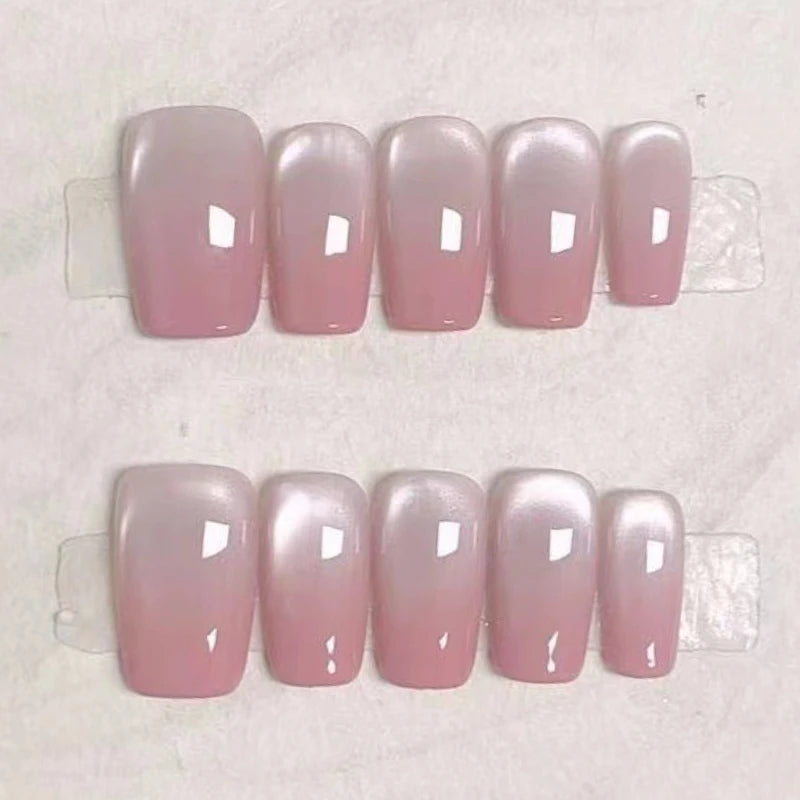 10Pcs Purple Ballet Handmade Short Nail with Butterfly Sparkle Cat Eye Fake Nail Spice Girl French Full Cover Press on Nail Tips