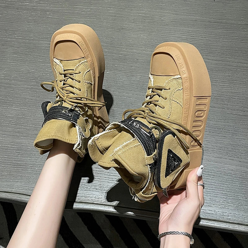 New Women's Ankle Boots Fashion Cowboy Knight Boot Punk Gothic Classic Denim Canvas Shoes Short Goth Platform Shoes Khaki