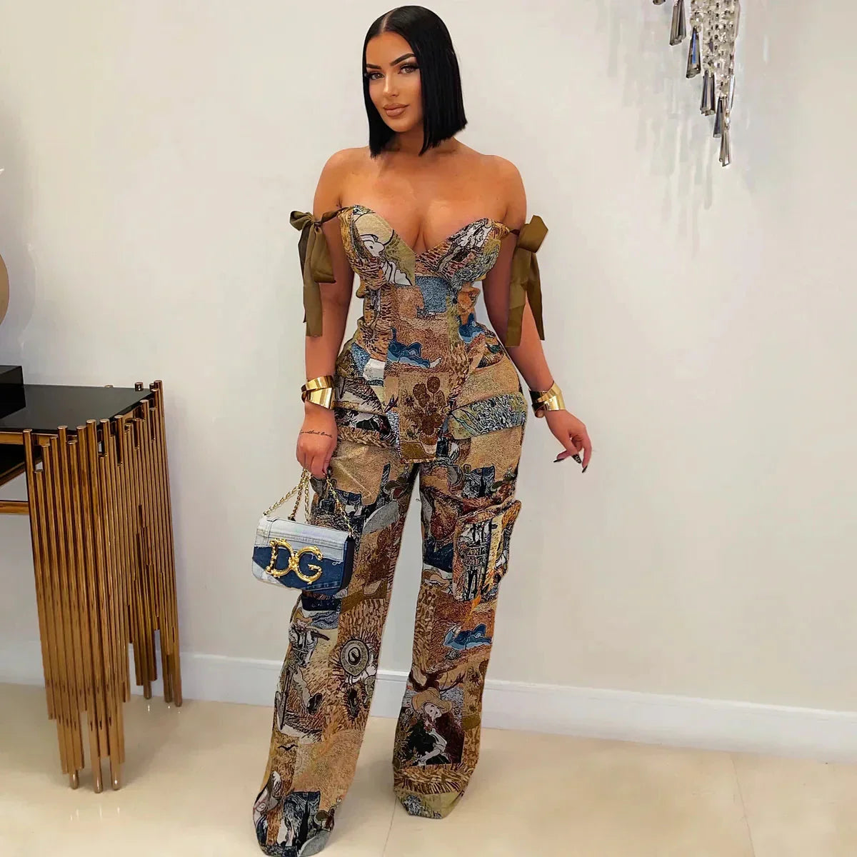 CM.YAYA Oil Painting Printed Women's Set Lace Up Back Crop Top and Pants Suit 2024 Fall Winter Two 2 Piece Sets Outfit Tracksuit Brown