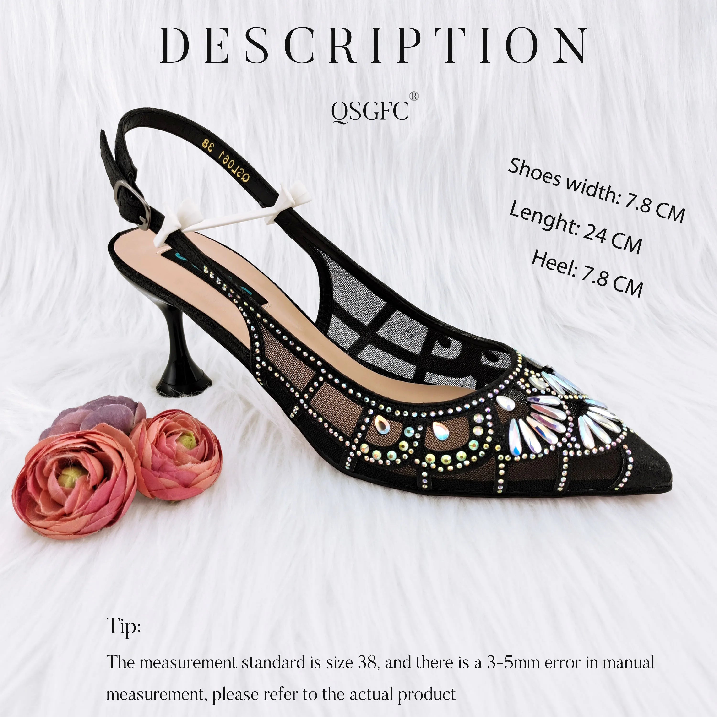 QSGFC Newest Fashion Royal Blue Color Sweet Style Party Wedding Ladies Shoes and Bag Decorated With Rhinestone Pair Of Shoes Black
