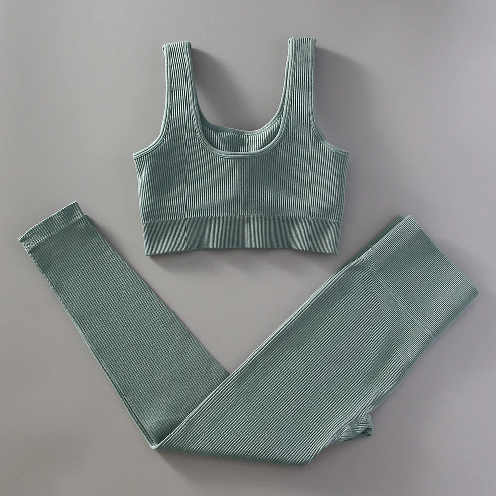 2Pcs White Yoga Clothing Sets Women High Waist Leggings Set Seamless Tracksuit Fitness Workout Outfits Gym Wear Girls Top blue CHINA