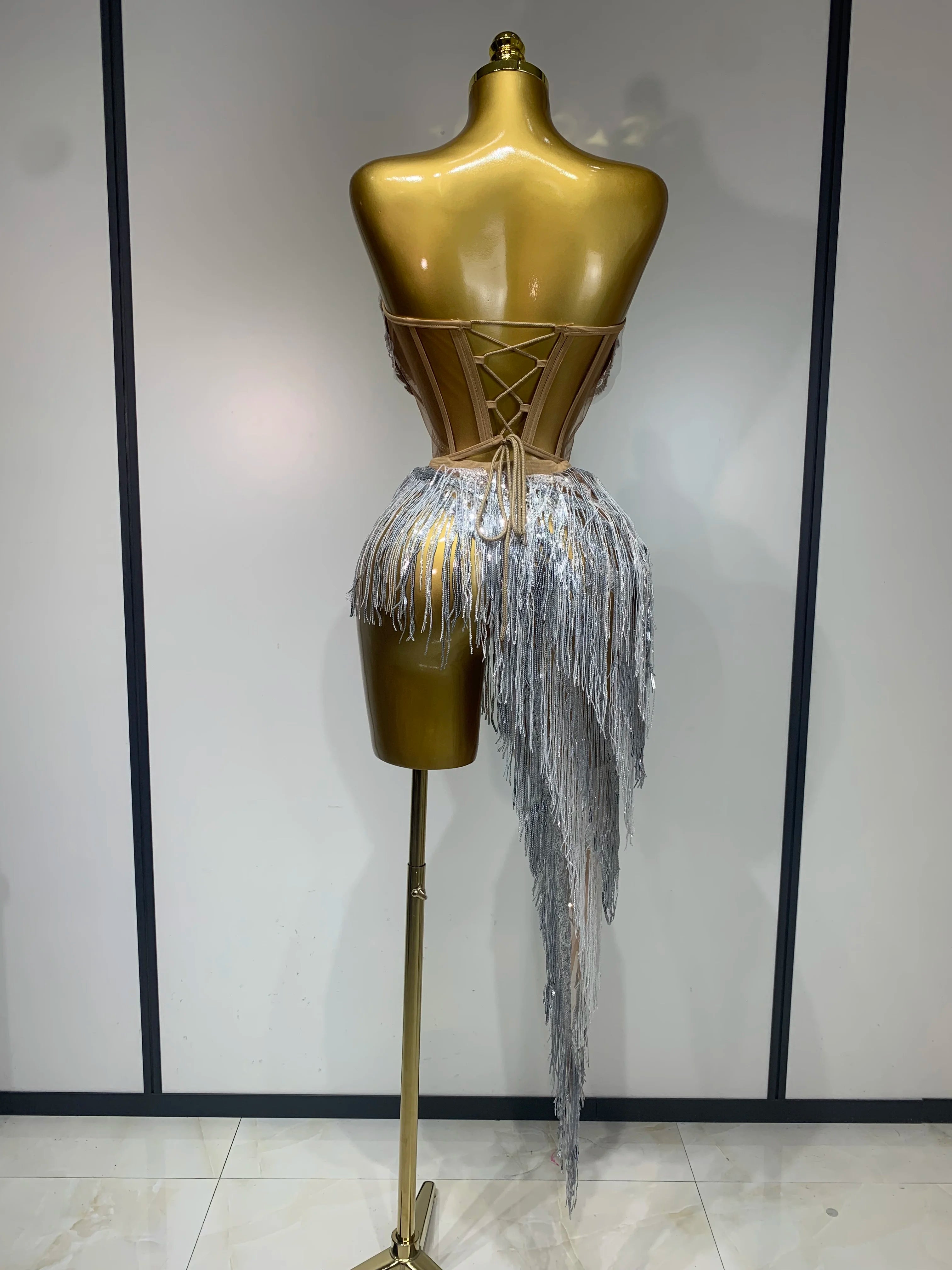 Women Sexy Singer Dancer Performan Costume Nightclub Bar Girl Sparkly Diamond Tassel Two Piece Set Evening Party Birthday Outfit