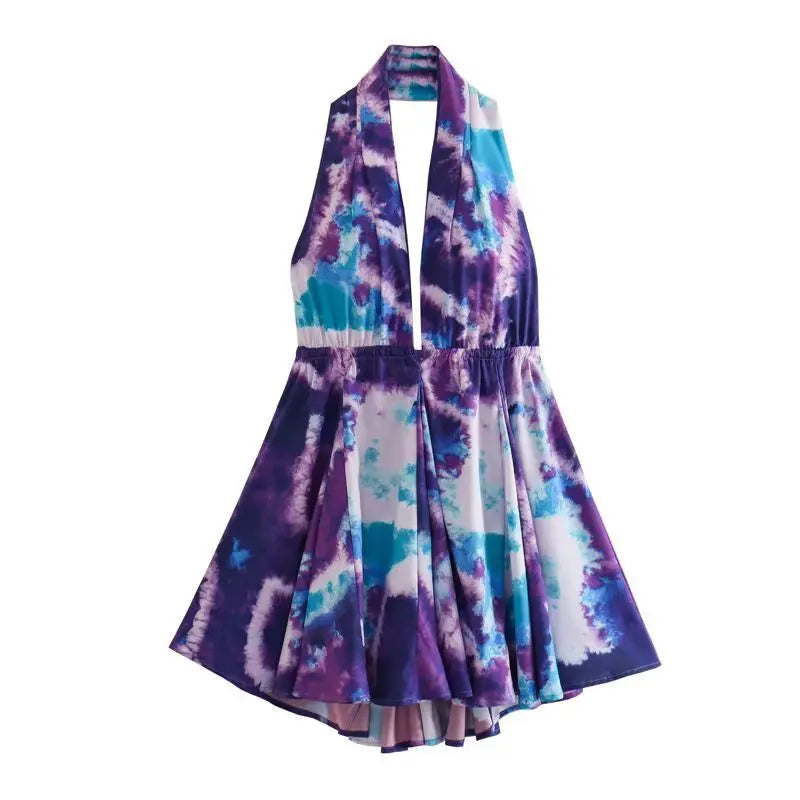 Floral Printed Beach Dress Women Mini Sexy Deep V-neck Backless Halter Female Dresses Summer Vacation Sleeveless Short Robe 01 purple