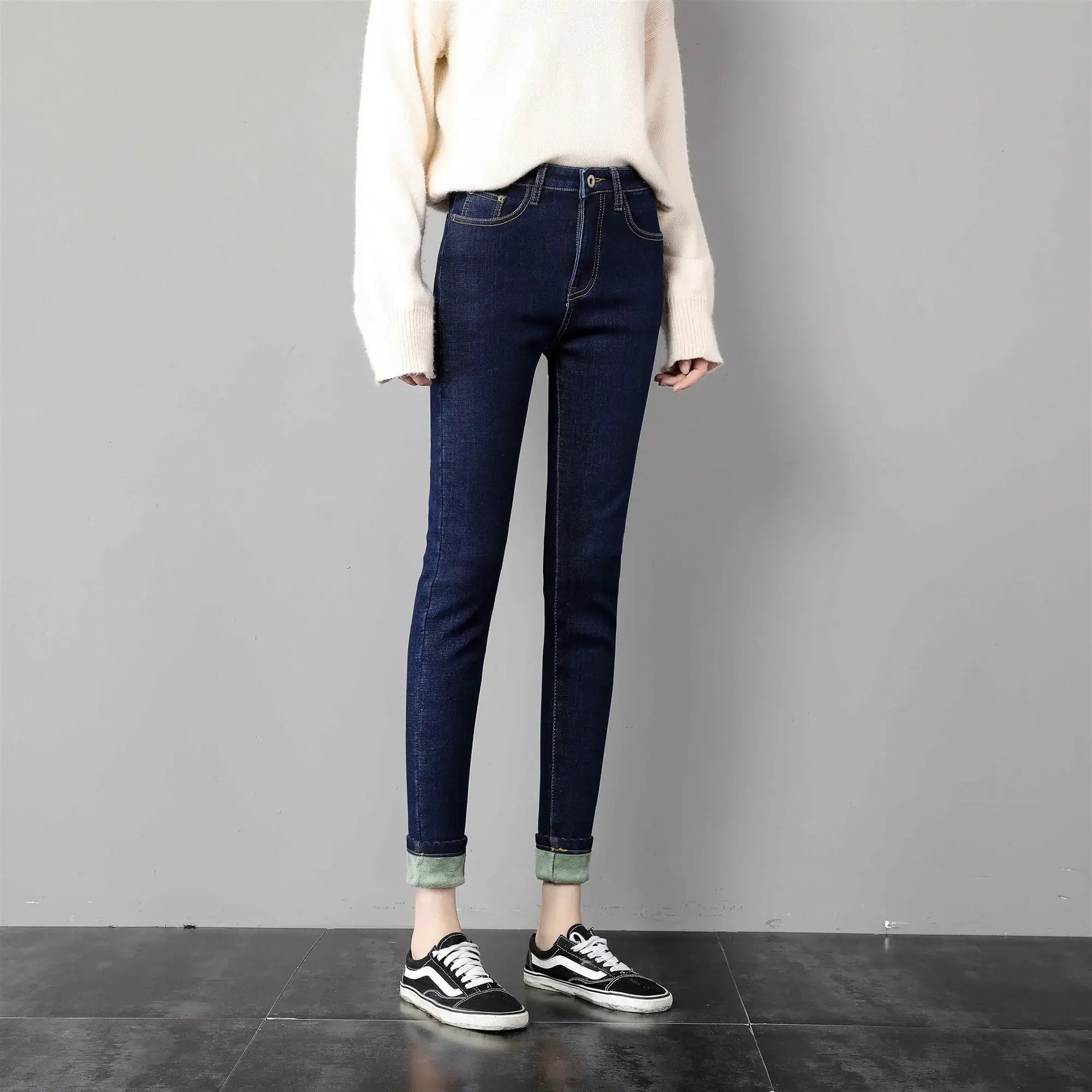 Winter Women`s Fleece Lined Jeans High Waist Thick Comfy Warm Stretchy Denim Pants Trousers For Girls Blue-green