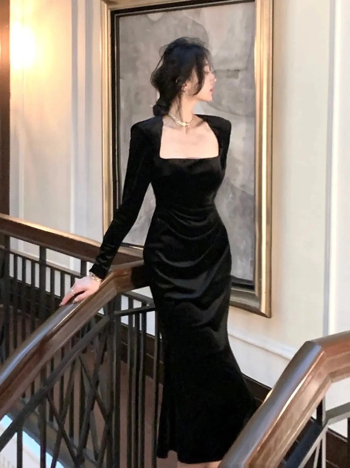 Fashion Elegant Long Black Velvet Dress Spring Women Sexy Bodycon Prom Evening Party Birthday Vestidos Female Vintage Robe