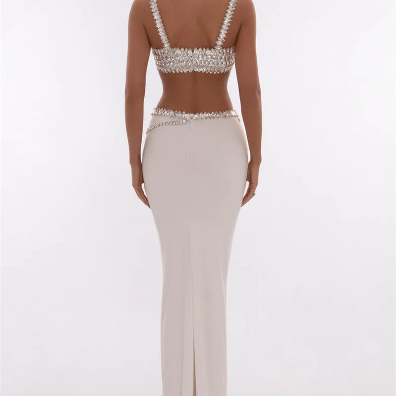 Sparkling Diamonds Woman Set Spaghetti Strap Top And Ankle Lenght Skirt  2 Pieces Evening Party Vestido Beach Vocation Outfit