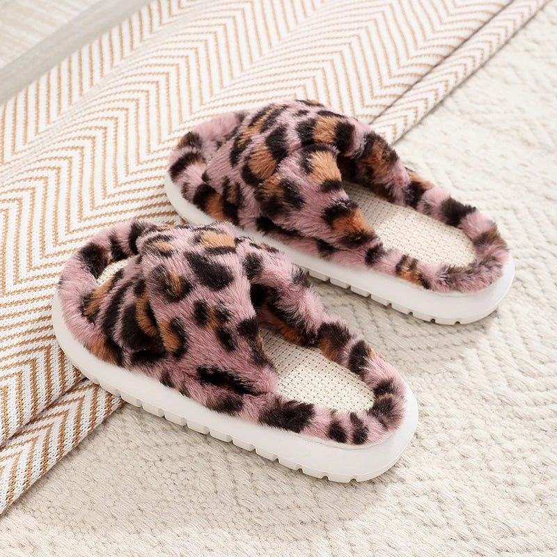 Autumn Winter Women Home Slippers Open-Toe Cross Band Linen Soled Indoor Slides Linen Soled Non-Slip Bathroom Slippers F-Leo