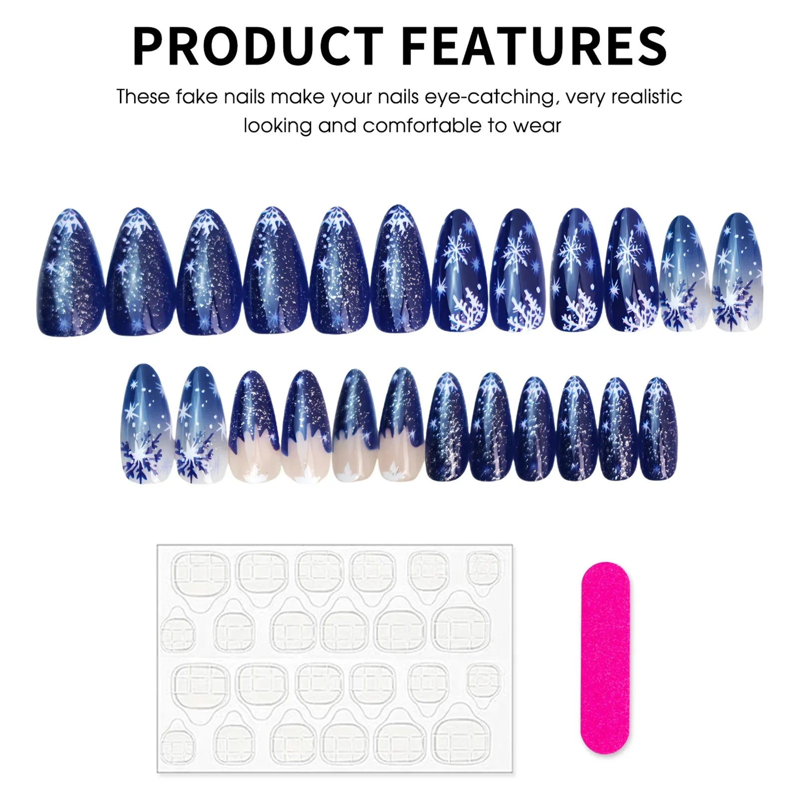 Gradient Blue Almond Fake Nails 24Pcs Christmas Nails Press On Acrylic False Nails Snowflake Printed Women Charm Manicure