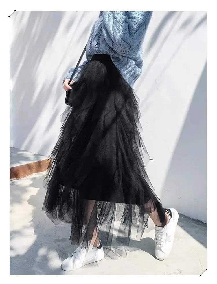 Long Maxi Skirt Women Fashion Korean Cute Pink High Waist Pleated Skirt Mesh Female Lady Aesthetic Faldas black One Size