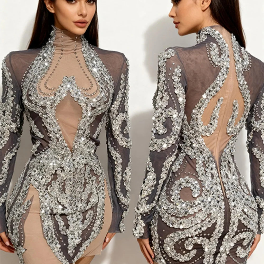 Women Sexy Mesh Sequins Stretchy Long Sleeve Sparkly Night Club See Through Singer Dancer Shining Stage Costume Mini Party Dress