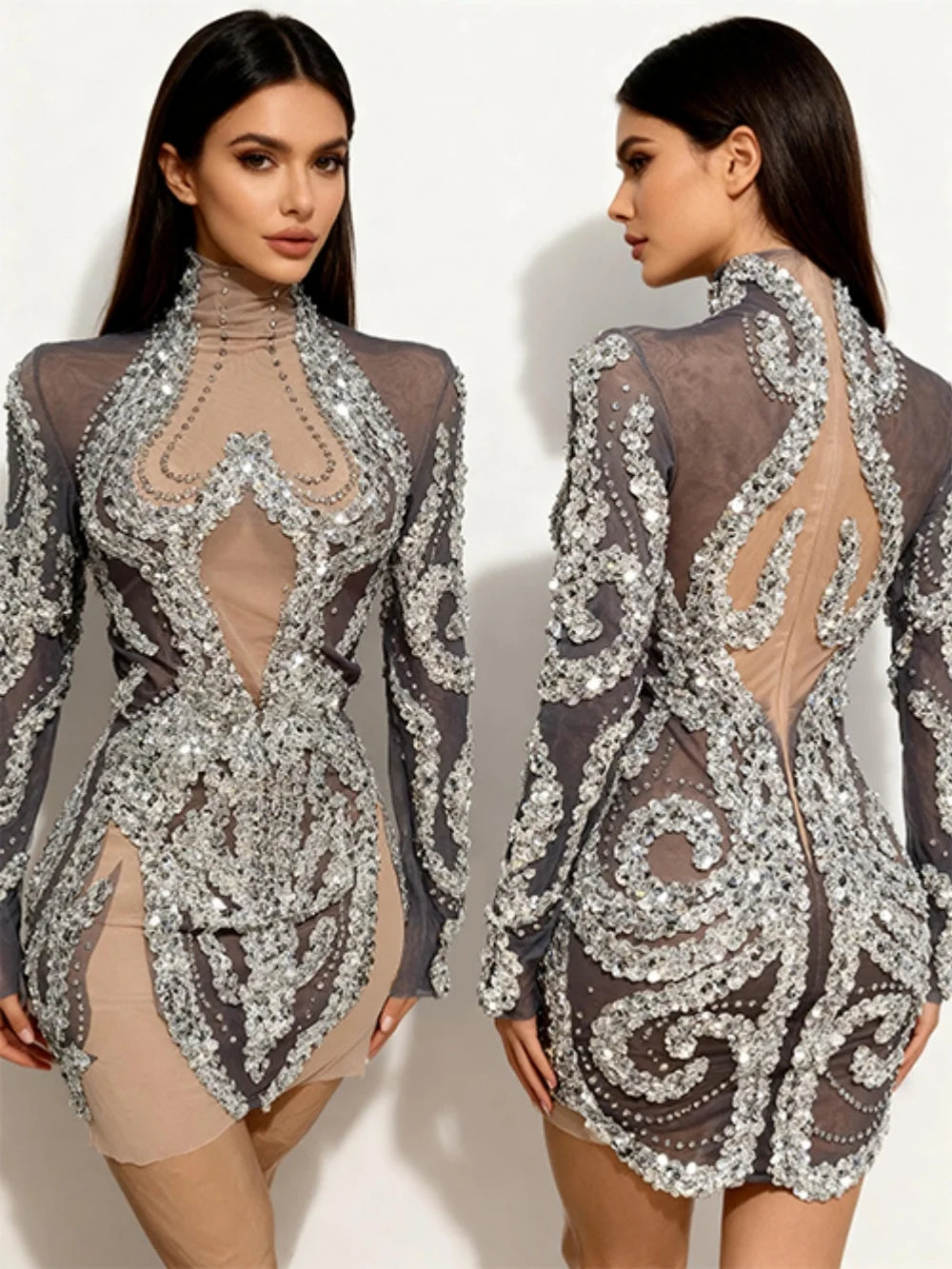 Women Sexy Mesh Sequins Stretchy Long Sleeve Sparkly Night Club See Through Singer Dancer Shining Stage Costume Mini Party Dress