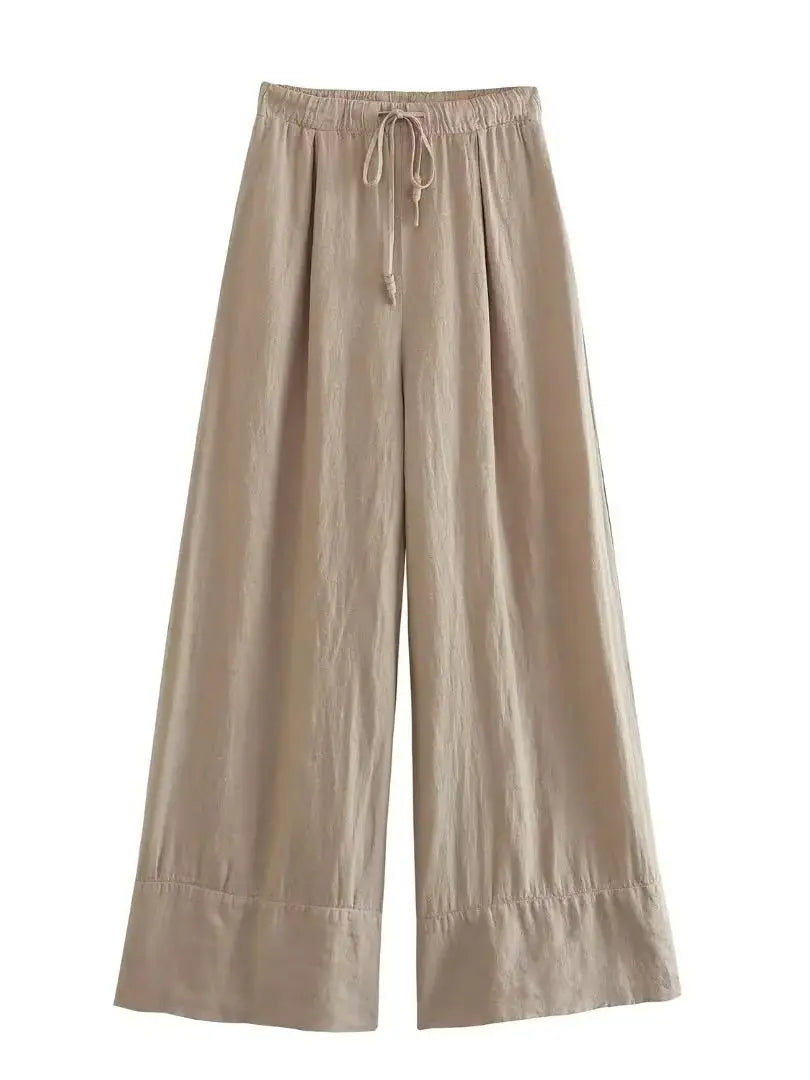 KONDALA Streetwear Khaki Linen Suits Women Sleeveless Halter Sexy Crop Tops Women+High Waist Wide Leg Pants Fashion Sets Khaki Pants