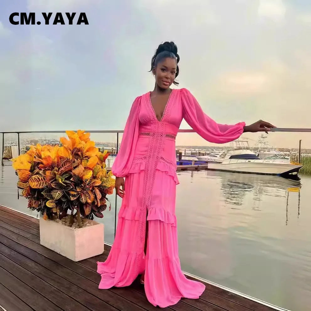 CM.YAYA Women V-neck Full Sleeve Ruffles Lace Long Maxi Dress 2025 Spring Beach Holiday Party Sexy Street Vestidos Sexy Dresses